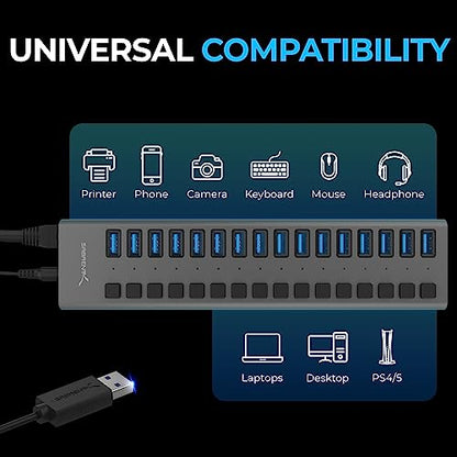 SABRENT 16-Port USB 3.0 Data Hub & Charger, 90W (HB-PU16) | Individual power switches; 90W high-power output; charge and sync multiple devices; powered usb hub