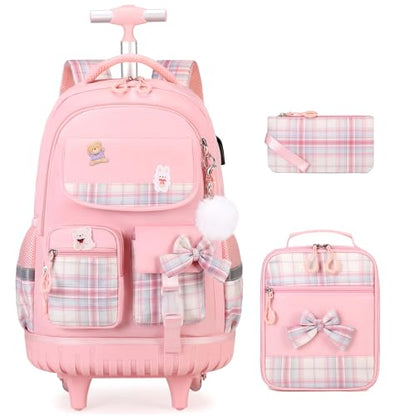 ACESAK Rolling Backpack for Girls - Roller Wheels School bag with Lunch Bag & Pencil Pouch for Teen Girls Kids Wheeled Suitcase Backpacks, Elementary Middle School Travel Daypack (Pink) - color: Pink