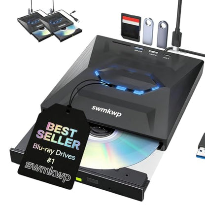 7-in-1 External USB DVD Drive & Blu-Ray Player Ultra Slim CD Bluray Burner for Laptop Desktop ROM SD TF Card Hard Disco Externo Writer and Reader Compatible with Most Computers