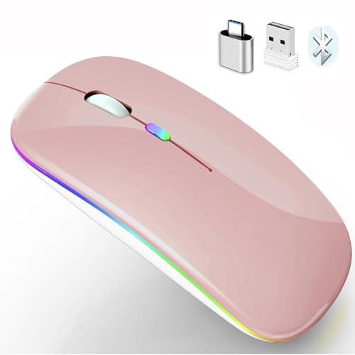 PEIBO Wireless Bluetooth Mouse, 7-Color LED, Built-in Battery, Ergonomic Design, Compatible with iPad, MacBook, Windows Laptops - Rose Gold - color: Rose gold white