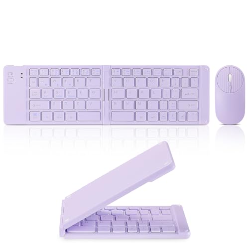 Foldable Mini Rechargeable Bluetooth Keyboard and Mouse Combo, 2.4G Wireless and Bluetooth,(Sync Up to 3 Devices), Ultra-Slim Travel Folding Keyboard for iPhone iPad Mac Android Windows iOS(Purple) - color: purple