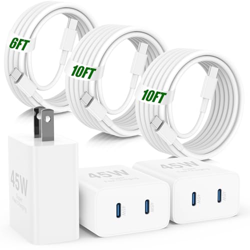 45W Fast Charger USB C for iPhone 17 16 15 Pro Max,3Pack 45W Dual Port Type C Super Fast iPhone Charger Block & 6/10/10FT USB C Cable for iPhone 17 Pro Max/16 Pro/15Plus,for Samsung Galaxy S25 Ultra - color: White, size: 10FT+10FT+6FT