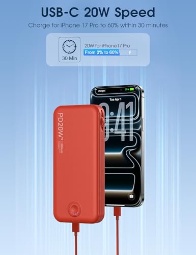 Nusyddy Portable Charger 10000mAh Fast Charging w/Built-in Wall Plug Red | PD20W Fast Charging, LED Indicator, Pass Through Charging, TSA Approved, Compact/Slim, Power Bank for iPhone/iPad/Samsung - color: Red