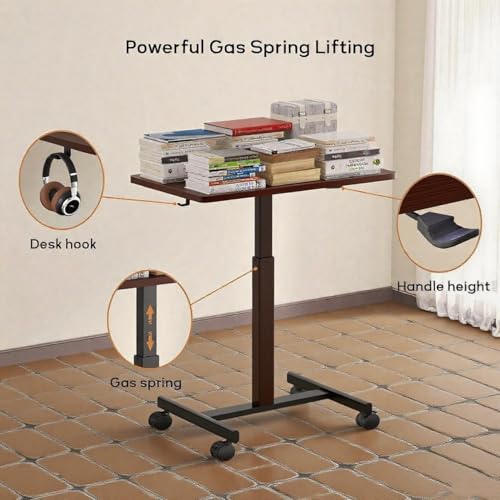 Mobile Small Standing Desk,Gas Spring Adjustable Height Rolling Portable Laptop Desk with Lockable Wheels, Computer Workstation for Home Office, Dark Walnut - color: Dark Walnut