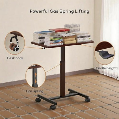 Mobile Small Standing Desk,Gas Spring Adjustable Height Rolling Portable Laptop Desk with Lockable Wheels, Computer Workstation for Home Office, Dark Walnut - color: Dark Walnut
