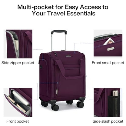 MILADA Underseat Carry On Luggage with Wheels, Airline Approved 16-inch Spinner Small Suitcase, Softside Travel Luggage, Personal Item Overnight Bag, Business Mini Suitcase for Women and Men, Purple - color: Purple