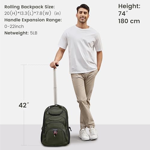 Boavan Rolling Backpack,17 inch Water Resistant Wheeled Backpack,Carry on Luggage Business Bag, Overnight College Computer bag Trolley Suitcase for Men Women Adults to Travel，Green - color: Green, size: 17.3 inches