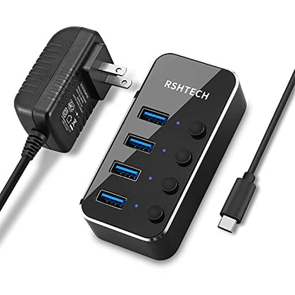 Powered USB hub RSHTECH 4 Port USB C to USB 3.0 Port Hub Expander Aluminum Portable USB 3.0 hub Splitter with 5V AC Adapter and Individual On/Off Switches (RSH-516-C) - size: 4-Port Powered USB C Hub