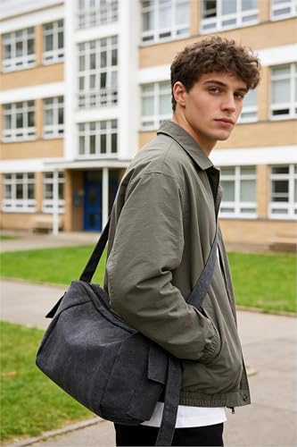 Messenger Bag for Men, Crossbody Bag Aesthetic, Water Resistant Unisex Classic Canvas Shoulder Bag - color: C-black