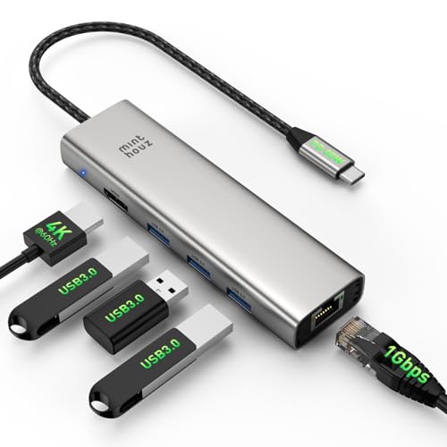 Minthouz 6-in-1 USB C Hub, 4K@60Hz HDMI, 100W PD Charging, 5Gbps USB-A Ports, 1000Mbps Ethernet, Compatible with MacBook Neo, M1/M2/M3, Surface, HP, Lenovo Laptops