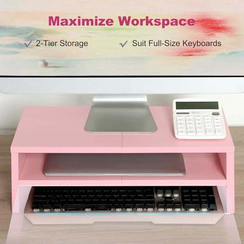 DS502P TEAMIX 20 inch Pink Monitor Riser Stand - 2 Tiers, Wood Desktop Bookshelf - color: Pink, size: 20 x 9.5 x 6.7 inches