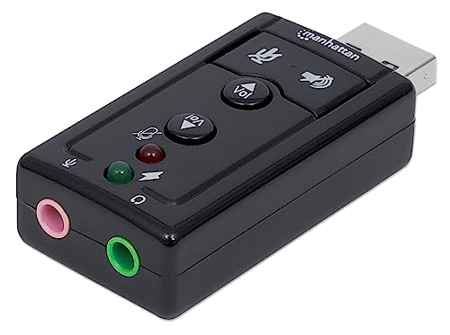 Manhattan USB to Audio Jack Adapter with Volume Controls - External Sound Card Audio Converter with 3.5 mm Audio and Mic Aux Ports – 3 Yr Mfg Warranty –for PC Laptop Desktop Headset Headphone -152341