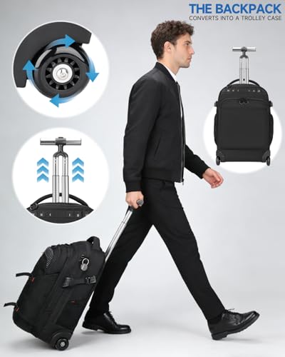 Rolling Backpack, 56L Large Backpacks with Wheels-Splits into Daypack & Laptop Backpack Fits 17 Inch Laptop,Water-Resistant & Carry-On Friendly for College,travel,camping,Weekender Hiking Black - color: Black, style: Rolling Backpack