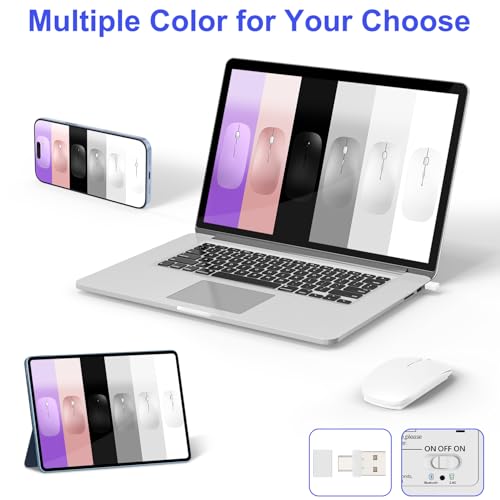 Bluetooth Wireless Mouse for MacBook Air Mac Pro Laptop Computer iPad Pad PC Laser Optical Rechargeable Mini Slim Silent Mouse Widely Used Desktop Hp iMac (White) - color: White
