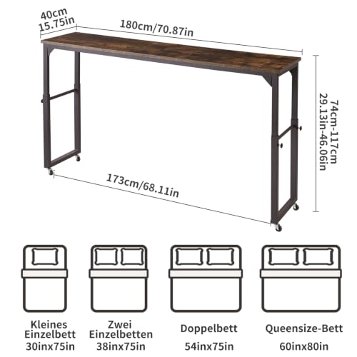Aibiju Over Bed Desk with Wheels Adjustable Height, King Size Overbed Table, Overbed Laptop Desk, Rolling Table, Office, Rustic Brown YD-BT001H - color: Rustic Brown