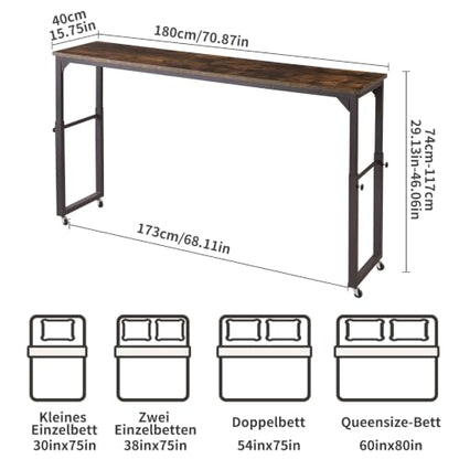 Aibiju Over Bed Desk with Wheels Adjustable Height, King Size Overbed Table, Overbed Laptop Desk, Rolling Table, Office, Rustic Brown YD-BT001H - color: Rustic Brown