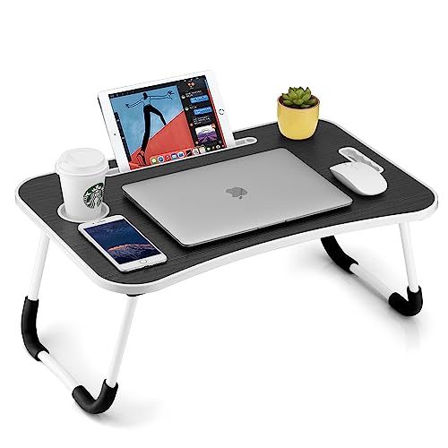 FISYOD Foldable Laptop Table, Portable Lap Desk Bed Table Tray, Laptop Stand with Cup Holder & Tablet Slot & Lifting Handle for Working Writing Drawing & Eating (Black) - color: Black