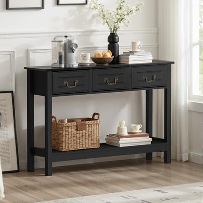 Sofa Table - Entryway Table with Drawers, Narrow Console Table for Living Room, 53” Long Farmhouse Sofa Table with 3 Drawers & 2-Tier Shelves,Black Oak Finish for Hallway or Behind Couch - color: Black