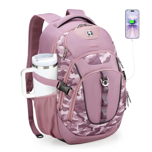 Swissdigital Design Laptop Backpack with USB Charging Port, Travel Backpack Fits 15.6 inches Computer, 31L College School Backpack for Men, Pink Camo | SD803-93 - color: Pink Camo