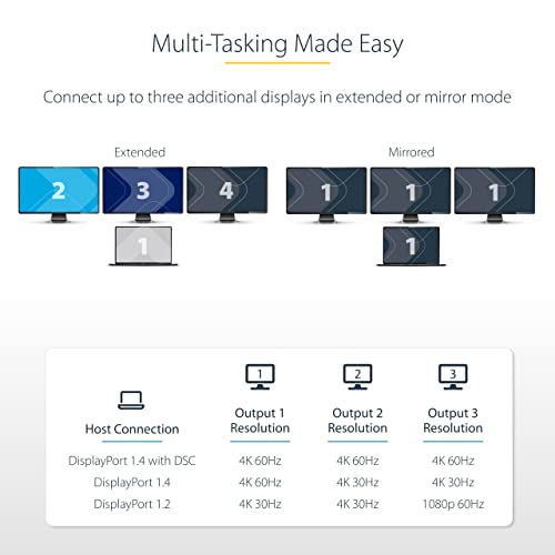 StarTech 3-Port USB-C MST Adapter, Triple 4K 60Hz DP, HDR, Windows, DSC | Laptop display extender, Triple 4K 60Hz, 2ch audio, HDCP 2.2, Extra-long built-in cable, Windows - size: 3 x DP 1.4