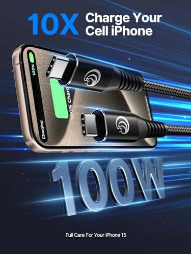 10FT USBC to USBC Cable 100W Fast Charging, Nylon Braided USB C to USB C Charger Cord Compatible with iPhone 17 Pro Max 16 15, MacBook Pro/Air, iPad, Samsung Galaxy S26 Ultra S25 S24, PS5, Switch - color: Black
