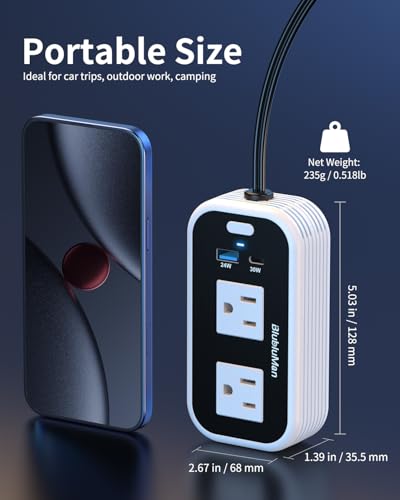 200W Car Power Inverter, Blubluman DC 12V to 110V AC Car Plug Adapter Outlet with 30W PD Charger, QC3.0 Fast Charger 24W, Power Inverter for Vehicles, Outlet for Laptop Computer Charger