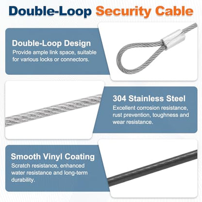 5 Set Double Loop Security Cable Lock (0.98 ft X0.08'') + Keychain Cable, Silver - color: Silver, size: 0.98 ft x 0.08 Inch