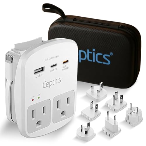 Ceptics 35W Universal Travel Adapter Kit – 2 USA sockets, USB-A, USBC, 1x PD 35W USB-C and USBC Cable, Surge Protected, Plugs for EU, UK, China, AU, Japan - for Laptop, Phone, Camera-ETL Tested - color: Beige