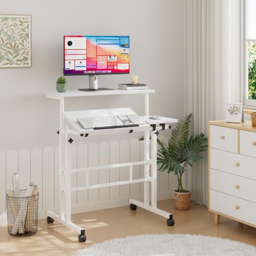 VECELO Mobile Small Standing Desk Adjustable Height, Computer Workstations with Tiltable Tabletop, Lockable Wheels, Portable Rolling Laptop Desk for Home Office, White - color: White