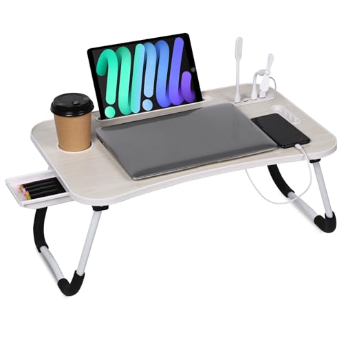 23.6 inch Portable Bed Desk, Folding Lap Desk with 4 USB Ports, Wind Fan, LED Light, Cup Holder and Side Drawer for Working, Reading, Writing, Eating on Bed, Sofa, Floor (White) - color: White