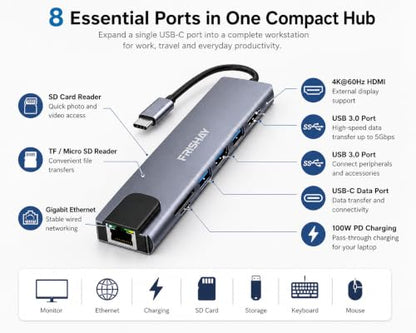 USB C Hub 8-in-1 Docking Station, USB C Adapter with 4K@60Hz HDMI, Gigabit Ethernet, 100W Power Delivery, SD/TF Card Reader, 2 USB 3.0 Ports & USB-C Data Port for MacBook, iPad, Chromebook