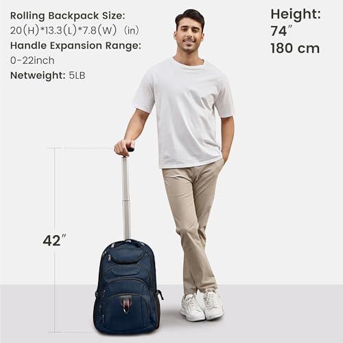 Boavan Rolling Backpack,17 inch Water Resistant Wheeled Backpack,Carry on Luggage Business Bag, Overnight College Computer bag Trolley Suitcase for Men Women Adults to Travel，Black - color: Navy, size: 17.3 inches