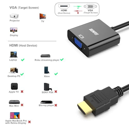 BENFEI HDMI to VGA 2 Pack, Gold-Plated HDMI to VGA Adapter (Male to Female) for Computer, Desktop, Laptop, PC, Monitor, Projector, HDTV, Chromebook, Raspberry Pi, Roku, Xbox and More - Black - style: 2 Pack