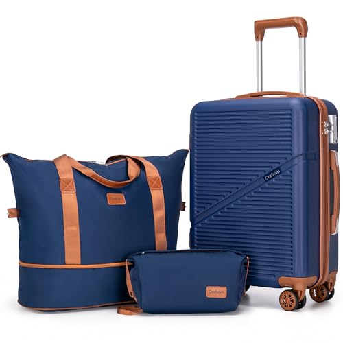 Cosbarn Carry On Luggage,3 Piece Carry On Suitcase,22x14x9 Airline Approved | Lightweight ABS Hardside Luggage, TSA-Approved Lock,Suitcases with Wheels,20Inch,Matching Duffle Bag,For Men&Women - color: Dark Blue, style: Carry on Luggage With Duffel Bag