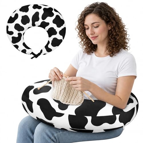 Ergonomic U-Shaped Gaming & Lap Pillow for Crocheting - Cute Cow Pattern Crochet Pillow with Elbow & Arm Support, Lap Desk Pillows for Reading, Playing or Crocheting, Suitable for Adults - color: Soft Cow Print