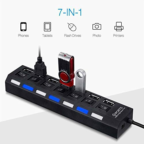 7-Port USB 2.0 Hub, USB Extender Splitter with Individual LED ON/Off Switches, Over-Current Protection, Plug-and-Play for Laptop