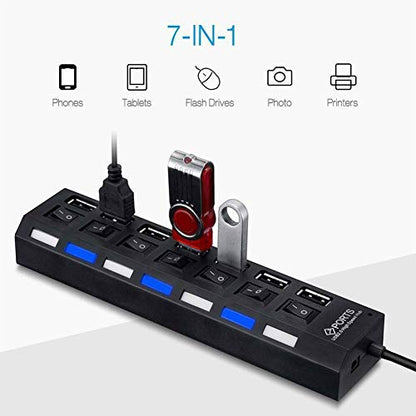 7-Port USB 2.0 Hub, USB Extender Splitter with Individual LED ON/Off Switches, Over-Current Protection, Plug-and-Play for Laptop