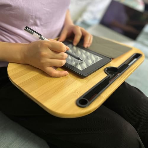 Lap Desk, Laptop Lap Bamboo Desks with Anti-Slip Stopper Removable Pillow Cushion Cover, Right Left Mouse Pad and Wrist Pad, Tablet Phone Holder for Bed Sofa Couch Floor