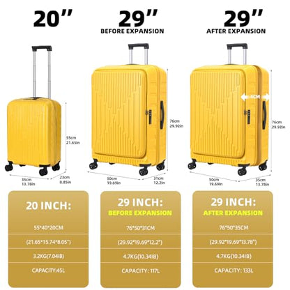 Kaleenie 2 PCS 20/29 Luggage Sets, 20” Cabin Luggage 29” Side Open Suitcase | 20 Inch with Front Pocket,29 Inch Checked Trunk Suitcase,Lightweight ABS+PC Hardshell,TSA Lock,HINOMOTO 360° Wheels,Yellow - color: Yellow, size: 20/29 Set