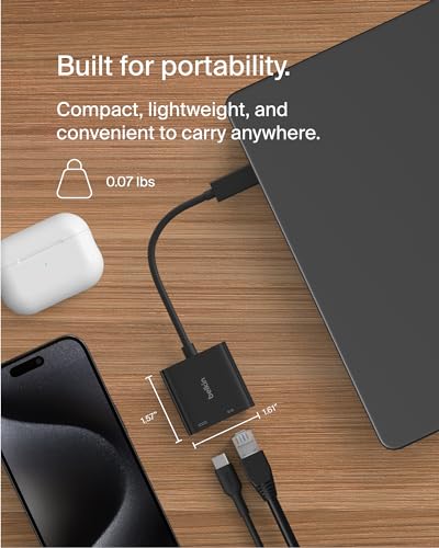Belkin Connect USB-C to Ethernet + Charge Adapter 100W w/Gigabit Ethernet Port and USB-C Port - 1000Mbps for Fast Internet Connection - Compatible with iPhone 17, Samsung Galaxy S26, & More - style: Ethernet + Charging (100W)