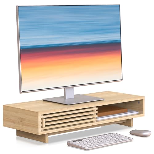 25" Monitor Stand with Sliding Doors Desk Shelf Bamboo | Computer Monitor Riser Shelf for 47-55 Inch Desk Aesthetic Workplace Computer Setup Desktop Organizer Easy Assembly
