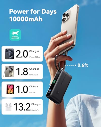 INIU 30W Fast Charging Portable Charger, with Built-in Cable & AC Wall Plug | 10000mAh, Small, Fast Charging, Built-in USB C Cable, Flight-Safe, Travel, Battery Pack for iPhone 17 16 Pro, Samsung S26 etc - color: Black
