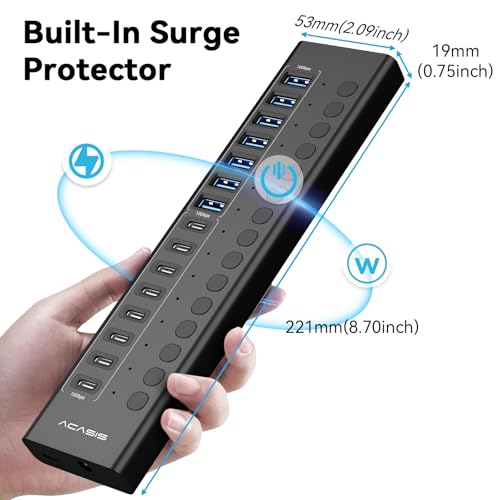 ACASIS 16 Ports Powered USB 3.2 Hub (8 USB-A 3.2 +8 USB-C 3.2), 10Gbps | Individual On/Off Switch for Each Port • Aluminum Housing • Better Heat Dissipation • Plug & Play • 96W Power Adapter - color: Black