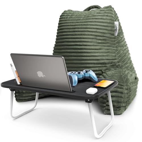 Nestl Olive Green Reading Pillow with Bed Desk for Laptop and Writing, Luxe Cut Plush Back Pillow for Sitting Up, Back and Arms Adjustable Support for Adult and Teens, Foldable Lap Desk for Bed 22x14” - color: 02- Olive Green, size: Standard 18"