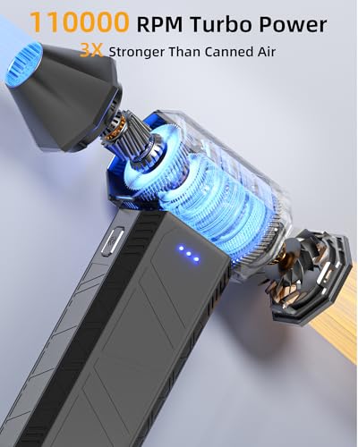 Cordless Air Duster for PC, Rechargeable Blower w/Brush & Pouch 110K | Replaces Compressed Air Cans. Includes Brush & Pouch. Lightweight & Portable. For Keyboard, PC, Car, Electronics & Home.