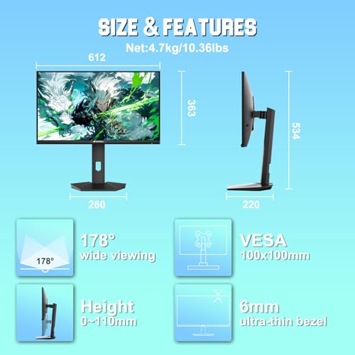 SANSUI Gaming Monitor 27" 1440P 200Hz 180Hz WQHD 2560×1440-AMD FreeSync 1ms DCI-P3 95% Fast IPS Computer Monitor,Height Adjustable Vertical/Horizontal Rotating, 2×DisplayPort/HDMI 丨HDR丨Low Motion Blur - size: 27 inch