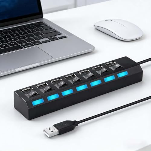 7-Port USB 3.0 Hub Splitter, Individual On/Off Switches with Lights | Independent Switches & LED Indicators for Flash Drives or Mobile HDD, Sturdy Desktop Design for Office Setup