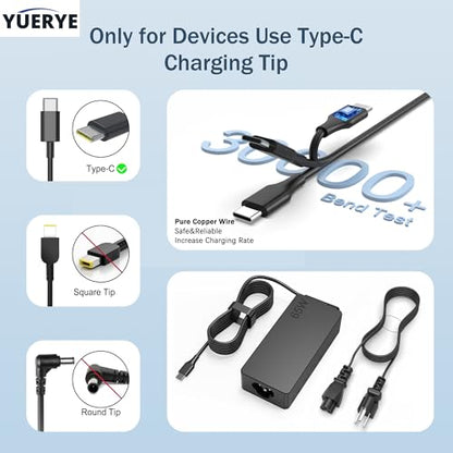65W USB C Laptop Charger Compatible with Lenovo ThinkPad T14 T15 T16 E14 E15 T480S T580S E480 E580 X1 Carboon Yoga 7i 9i C930 C940 Chromebook C330 S330 Fast Power Adapter - size: 4.29*1.85*1.14in USB C