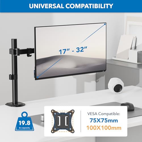 Mount-It! Single Monitor Arm Desk Stand, 19-32" Screens | Full motion height-adjustable tilt arm, VESA 75/100 compatible, C-clamp and grommet base.