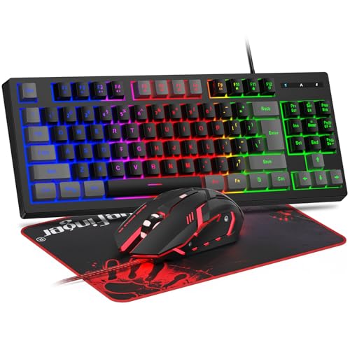 BlueFinger RGB 87 Keys Gaming Keyboard and Backlit Mouse Combo, USB Wired Rainbow Keyboard, Gaming Keyboard Set for Laptop PC Computer Game and Work(Gray & Black) - color: Gray & Black